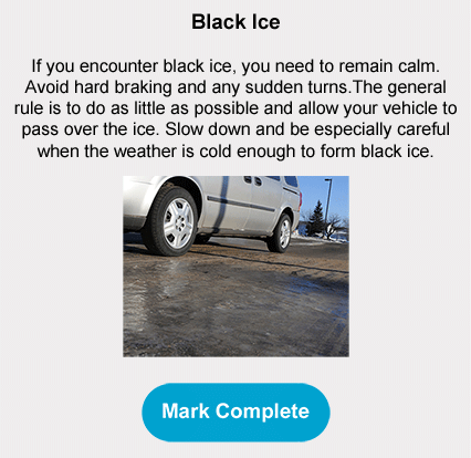 car on black ice with a button labeled mark complete below